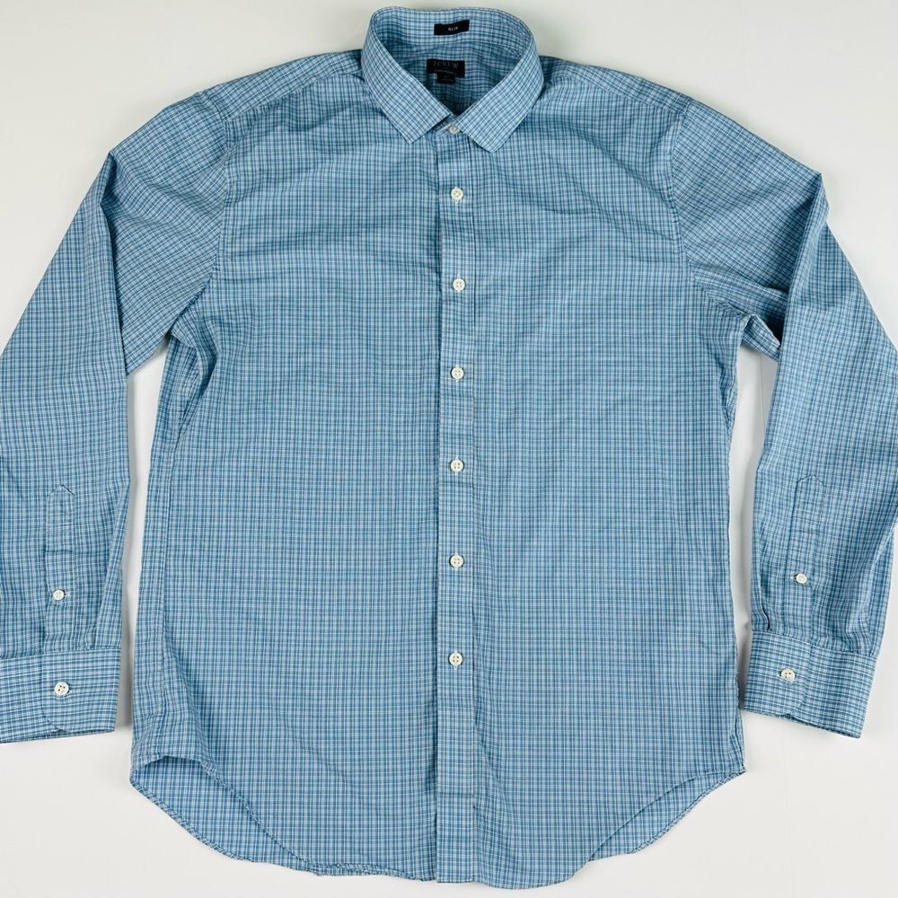 J.Crew Shirt Men's L Slim Fit Blue White Grey Plaid Button Up Long Sleeve Casual